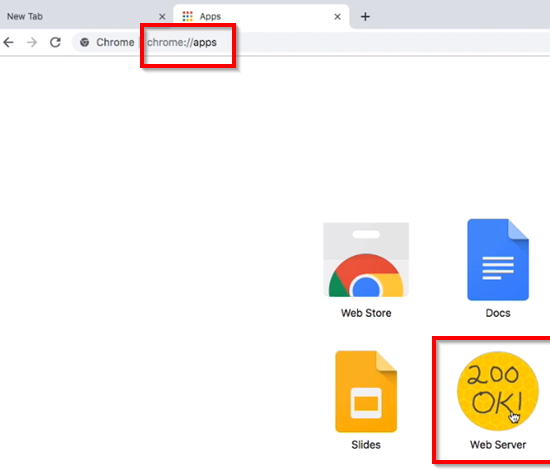 Chrome Web Server icon circled as well as URL