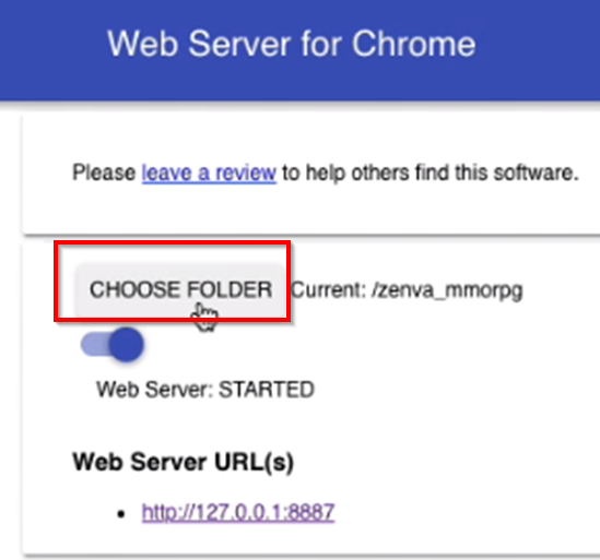 Web Server for Chrome with Zenva MMORPG folder selected