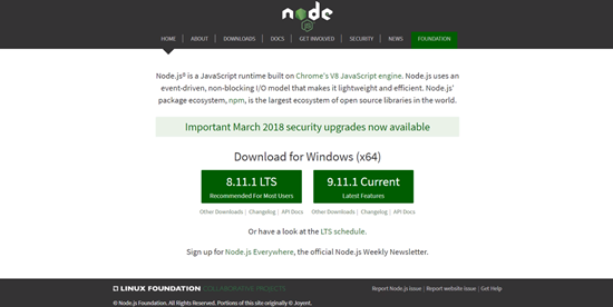 Node.js homepage for Windows download