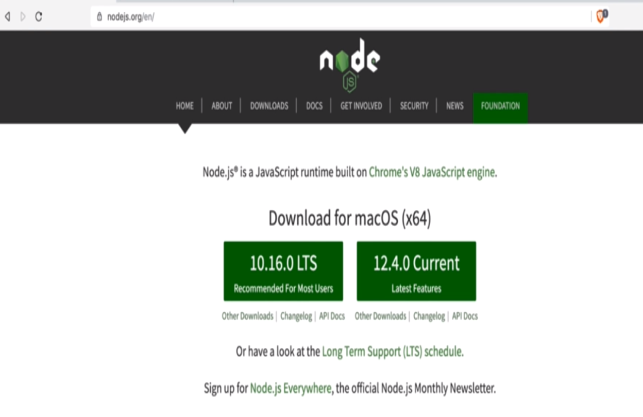 Node.js homepage with 10.16 LTS version available