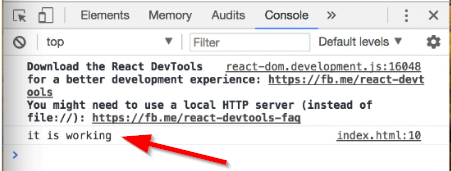 Chrome Console with it is working message via React DevTools