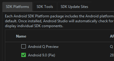 Android 9.0 selected for Android project SDK