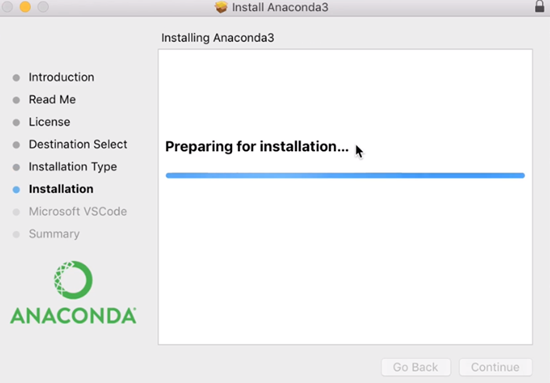 Anaconda3 Install wizard preparing for installation