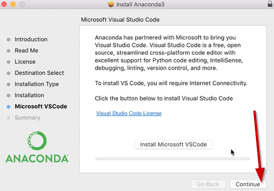 Anaconda installation wizard when skipping Microsoft VSCode