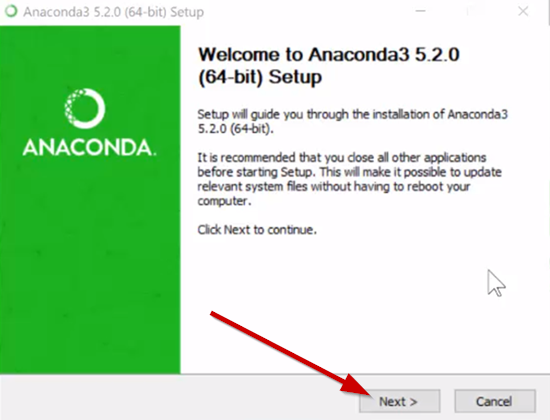 Anaconda 5.2.0 setup screen on Windows