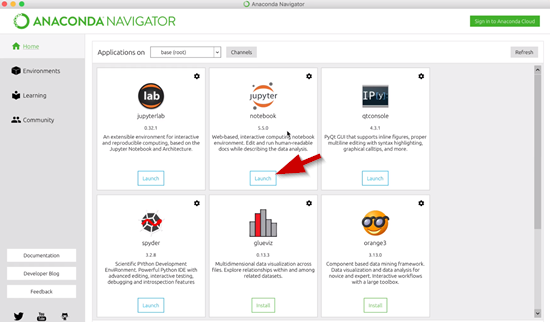 Anaconda Navigator with Jupyter Notebooks selected