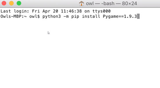 Mac terminal with Pygame installation command