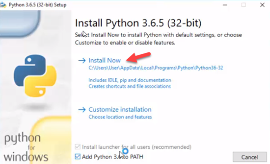 Python installation screen with Install Now pointed to