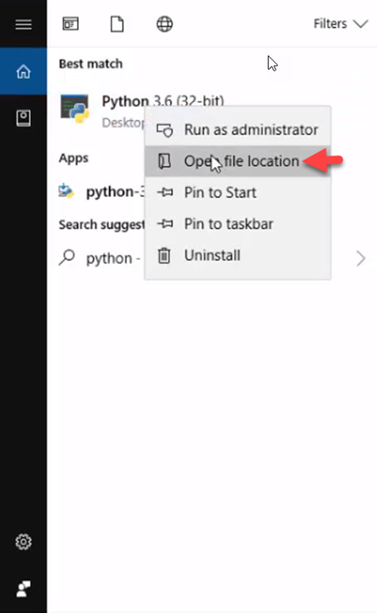 Python app with Open file location selected