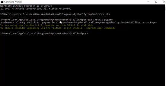 Command Prompt running Pygame installation