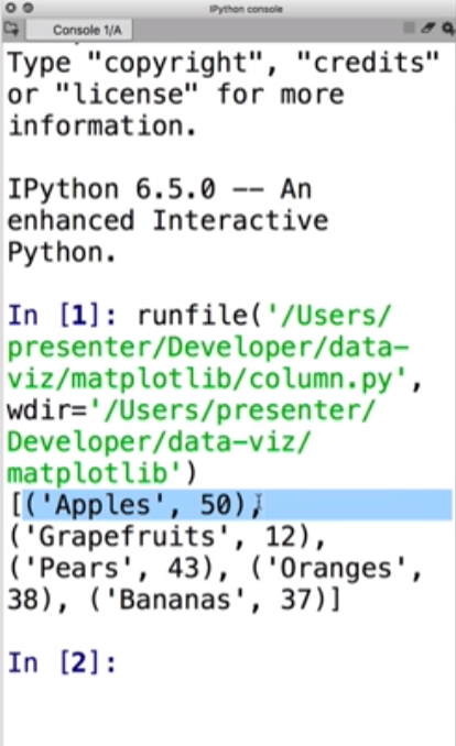 Python code showing fruit data