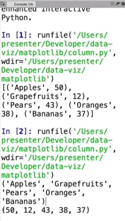 Python code showing 2 sets of fruit data