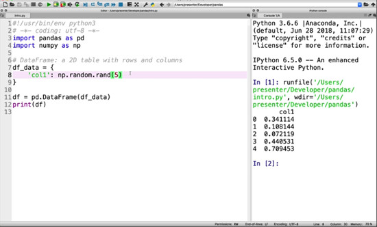 Data Frame code ran in Spyder