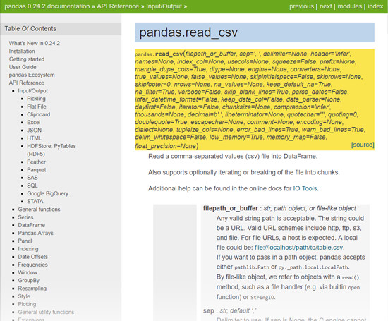 Pandas documentation for pandas.read_csv()