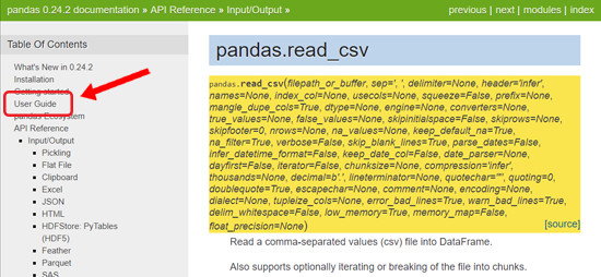 Pandas User Guide link pointed to in Table of Contents