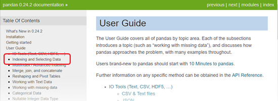 Pandas t6able of contents in documentation with Indexing and selecting data link highlighted