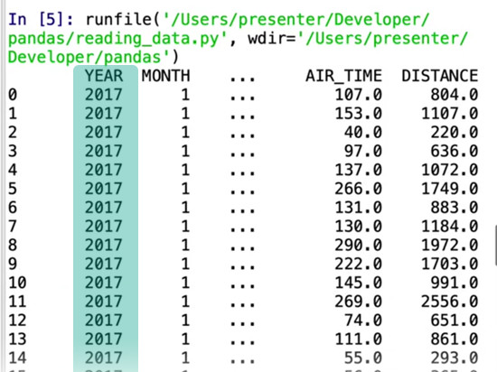 Year column from flight data highlighted in teal