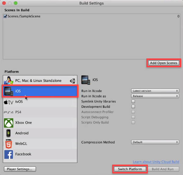 Unity Build Setting with iOS being switched to for platformed