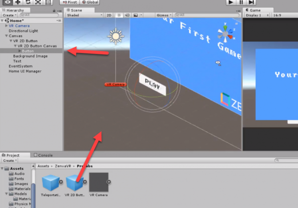 VR 2D Button added to Unity scene to adapt UI