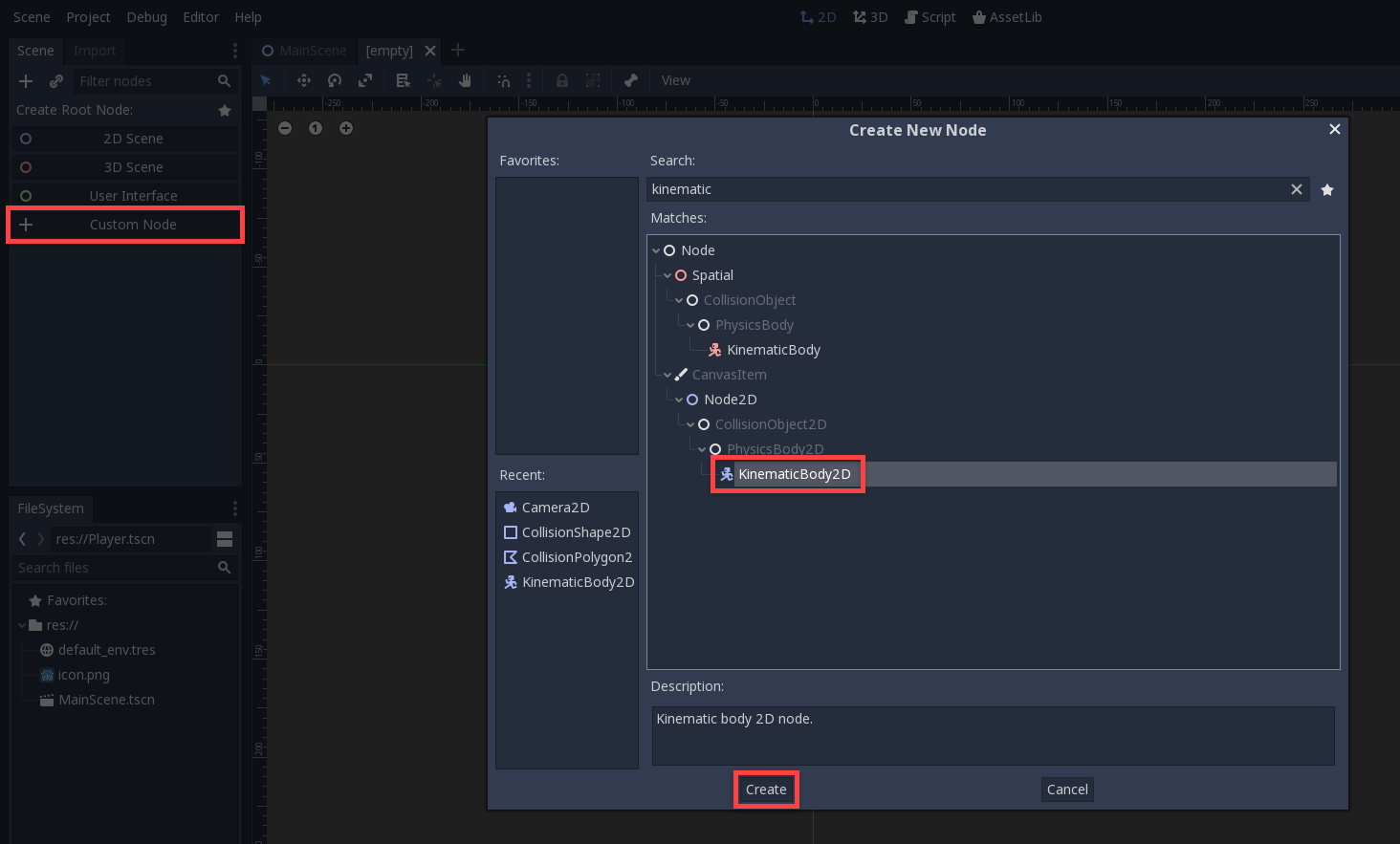 Godot Create New Node window with KinematicBody2D selected