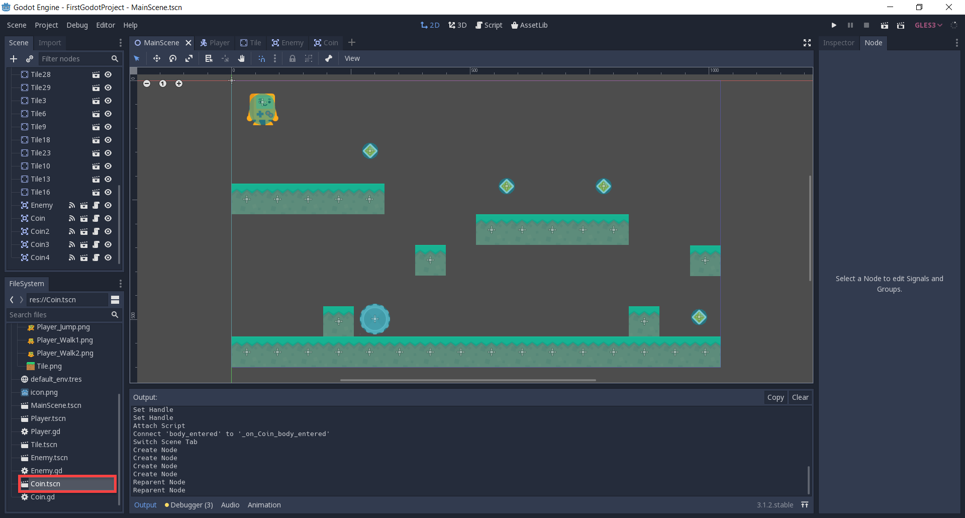 Godot with Coin added to 2D platformer level