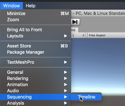 Unity Window menu with Sequencing > Timeline selected