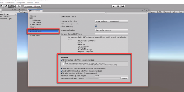 Unity preferences window showing Android SDK