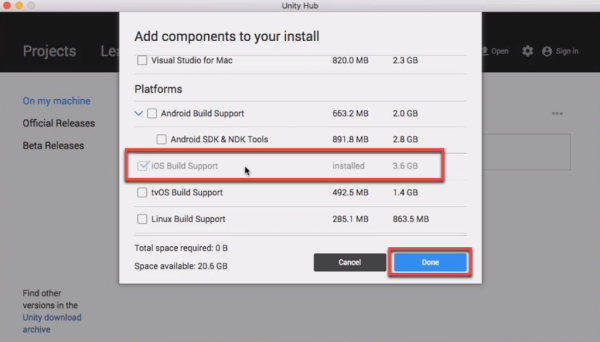Unity components installation window with iOS SDK selected