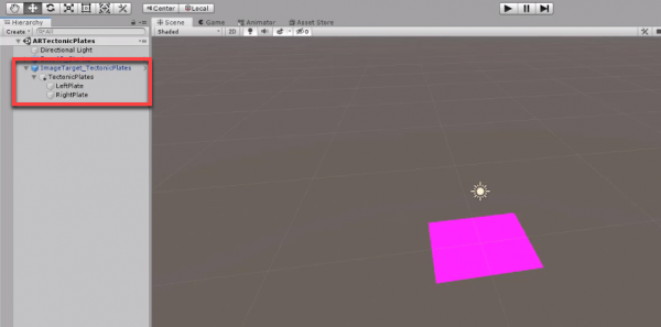 Unity scene with Image Target plane added to scene