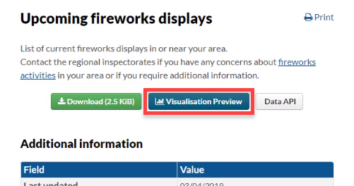 Upcoming fireworks displays with visualization preview button selected