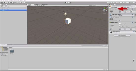 Unity scene with cube added and Transform component