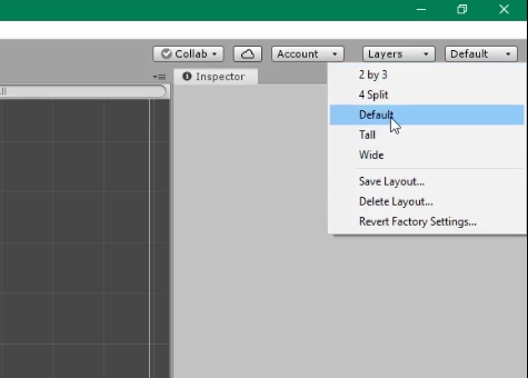 Unity Layout menu with default selected