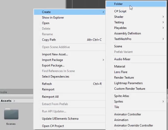 Unity Create menu with folder selected