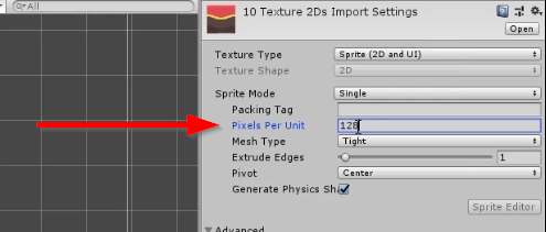 Unity inspector with pixels per unit changed