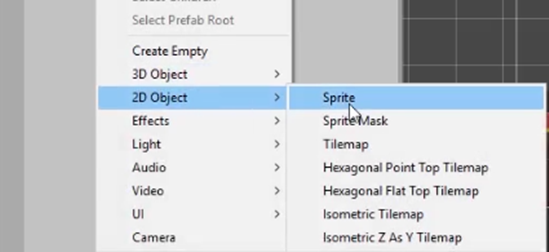 Unity 2D Object menu with sprite selected
