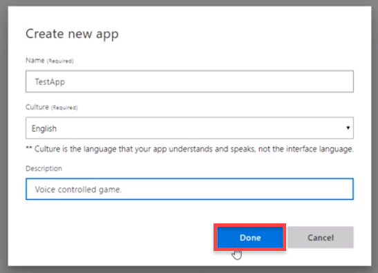 Azure create new app page for voice controlled game