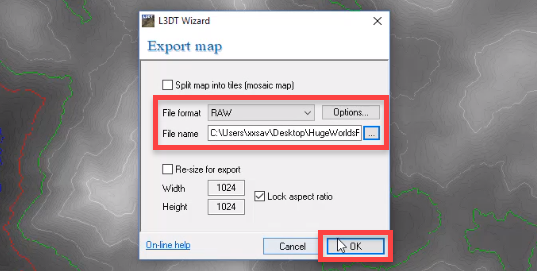 L3DT Export map window for height map