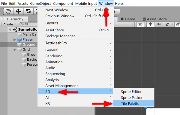 Unity window menu with 2D > Tile Palette selected