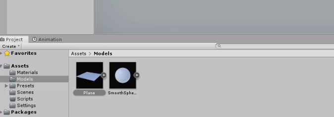 Unity Models folder with plane and smooth sphere