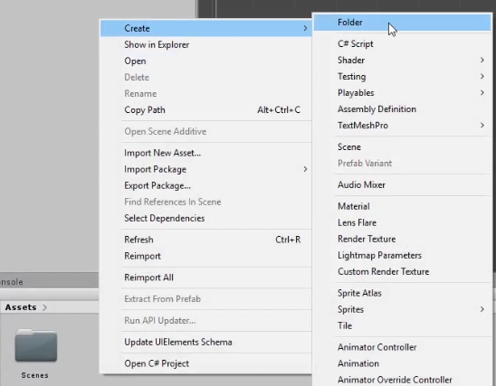 Unity Create menu with Folder selected