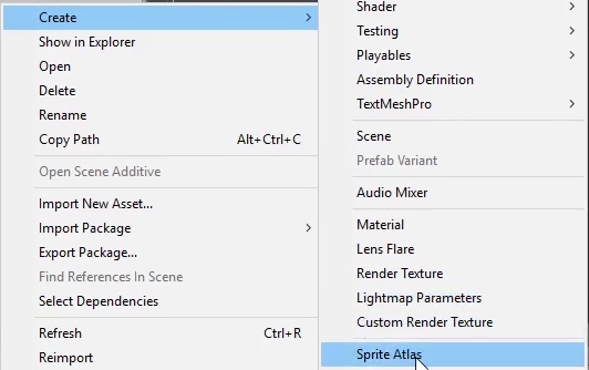 Unity Create menu with Sprite Atlas selected