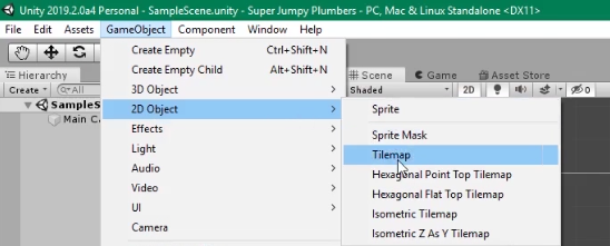Unity GameObject menu with 2D Object Tilemap selected