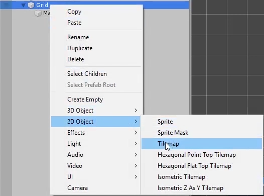 Unity 2D Object menu with Tilemap selected