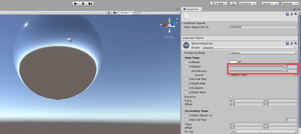 Unity Inspector with Metallic materials properties adjusted