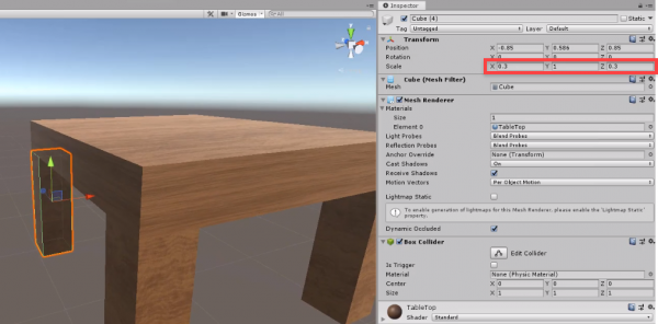 Table leg added to table model in Unity