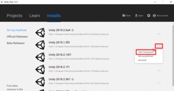 Unity Hub Installs page
