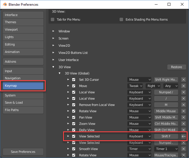 Blender Preferences Keymap window with 3D View open