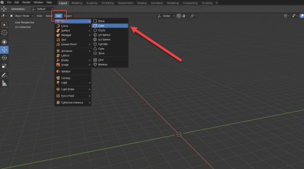 Blender Add menu with Cube selected