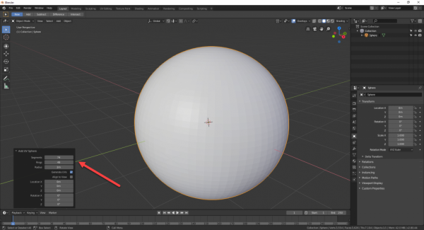 Blender with Add UV Sphere dropdown showing sphere options