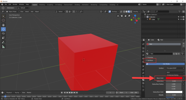 Blender cube with red material added for base color
